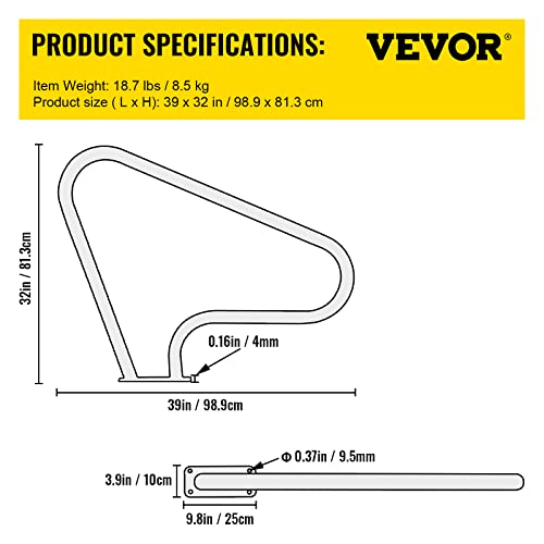 VEVOR Pool Rail 39x32 Pool Railing 304 Stainless Steel 250LBS Load Capacity Silver Rustproof Pool Handrail Humanized Swimming Pool Handrail with Blue Grip Cover & M8 Drill Bit & Self-Taping Screws