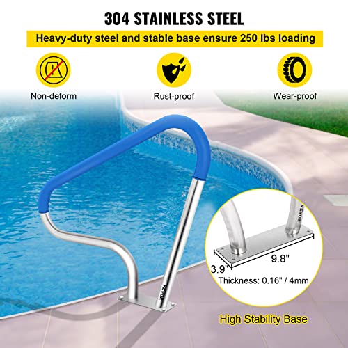 VEVOR Pool Rail 39x32 Pool Railing 304 Stainless Steel 250LBS Load Capacity Silver Rustproof Pool Handrail Humanized Swimming Pool Handrail with Blue Grip Cover & M8 Drill Bit & Self-Taping Screws