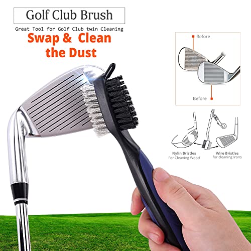 SportsGenics Golf Brush (Pack of 2) with a Golf Club Groove Sharpener - Double Sided Golf Club Cleaner - 6 Head Golf Groove Sharpener for Sharpening - Golf Club Cleaning kit - Golf Accessories