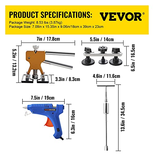 VEVOR Dent Removal Tool, 89 Pcs Paintless Dent Repair Tools, Led Baffle Board Car Dent Repair Kit, Glue Puller Tabs Dent Puller Kit for Auto Dent Removal, Minor Dents, Door Dings and Hail Damage