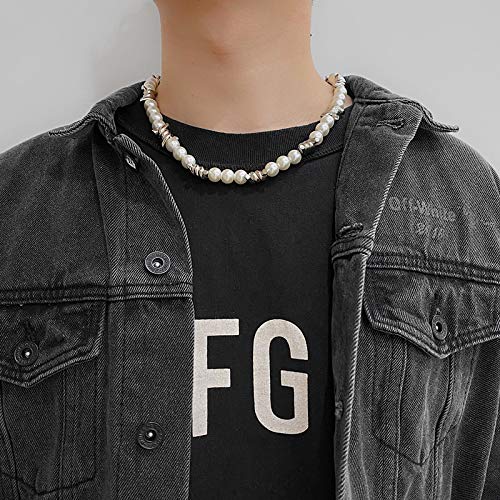 Punk Thorns Necklace Metal Chain Safety Obtuse Padlock Pearl Necklace Hiphop Rock Jewelry for Men-with Pearl