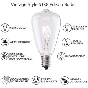 Edison Light Bulbs 10-Pack Replacement ST38 Clear Bulbs - 7 Watts G40/E12 Screw Base for Indoor/Outdoor Patio String Lights, Warm White