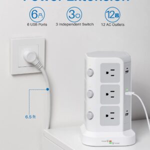 Power Strip Tower by KOOSLA, [15A 1500J] Surge Protector - 12 AC Multiple Outlets and 6 USB Ports, Flat Plug 14 AWG Heavy-Duty Extension Cord 6.5ft, Home Office Supplies, Dorm Room Essentials White