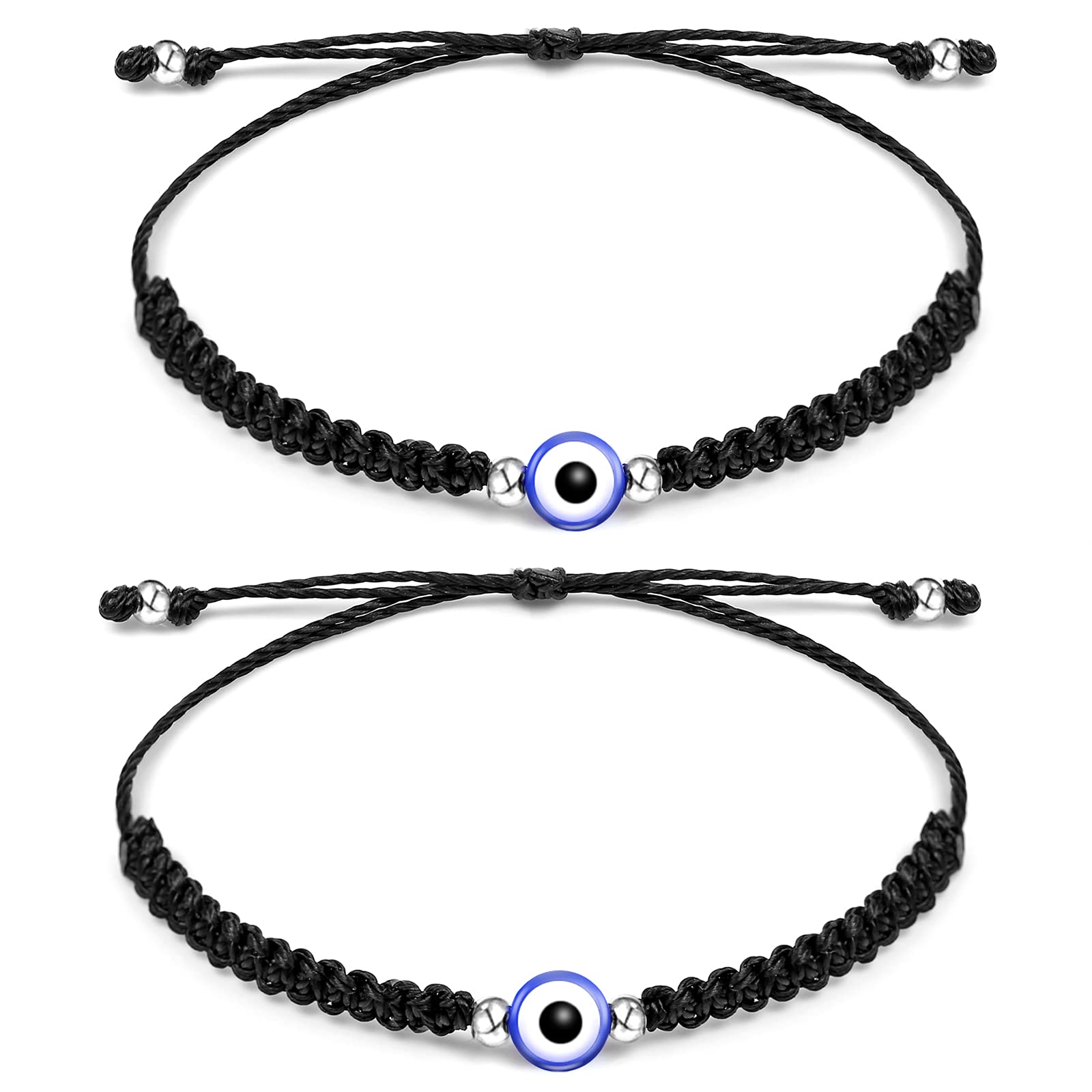 Jewanfix Evil Eye String Bracelets Handmade Black String Evil Eye Bracelet for Women Men Teen Girls Boys 2pcs