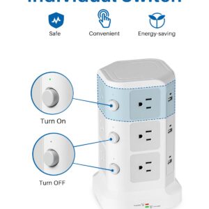 Power Strip Tower by KOOSLA, [15A 1500J] Surge Protector - 12 AC Multiple Outlets and 6 USB Ports, Flat Plug 14 AWG Heavy-Duty Extension Cord 6.5ft, Home Office Supplies, Dorm Room Essentials White