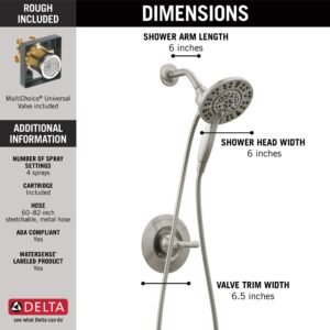 Delta Faucet Arvo 14 Series Single-Handle Shower Faucet, Shower Trim Kit with 4-Spray In2ition 2-in-1 Dual Hand Held Shower Head with Hose, SpotShield Stainless 142840-SP-I (Valve Included)