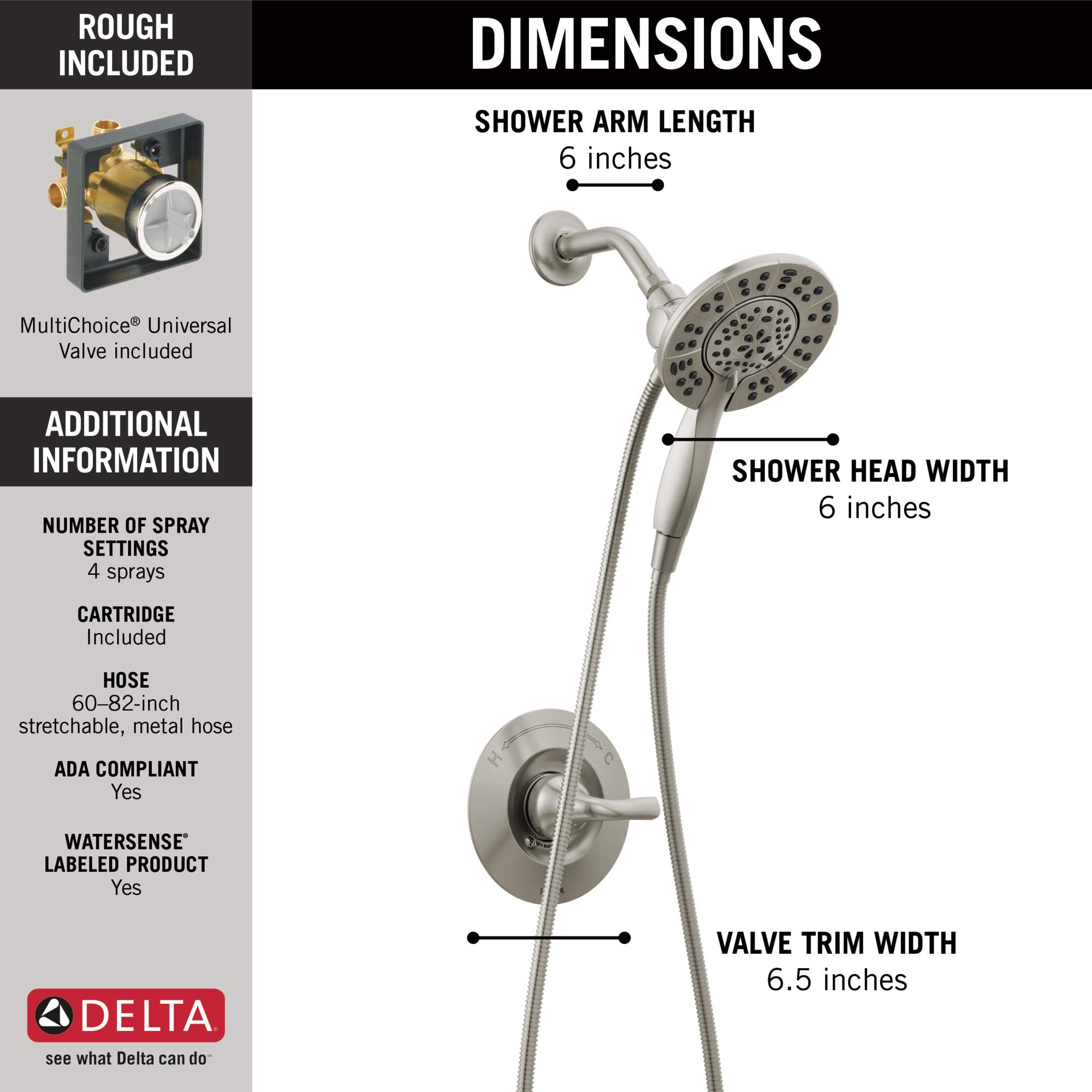 Delta Faucet Arvo 14 Series Single-Handle Shower Faucet, Shower Trim Kit with 4-Spray In2ition 2-in-1 Dual Hand Held Shower Head with Hose, SpotShield Stainless 142840-SP-I (Valve Included)