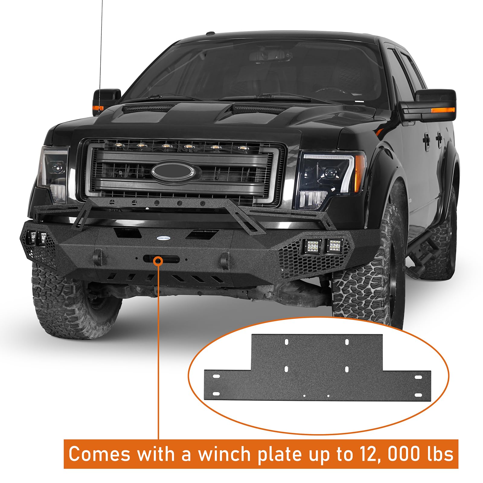 Hooke Road Earthshaker F150 Front Bumper w/Bull Bar & Winch Plate for Ford F-150 2009 2010 2011 2012 2013 2014 (Exclude Raptor), Full Width Steel Replacement Bumper