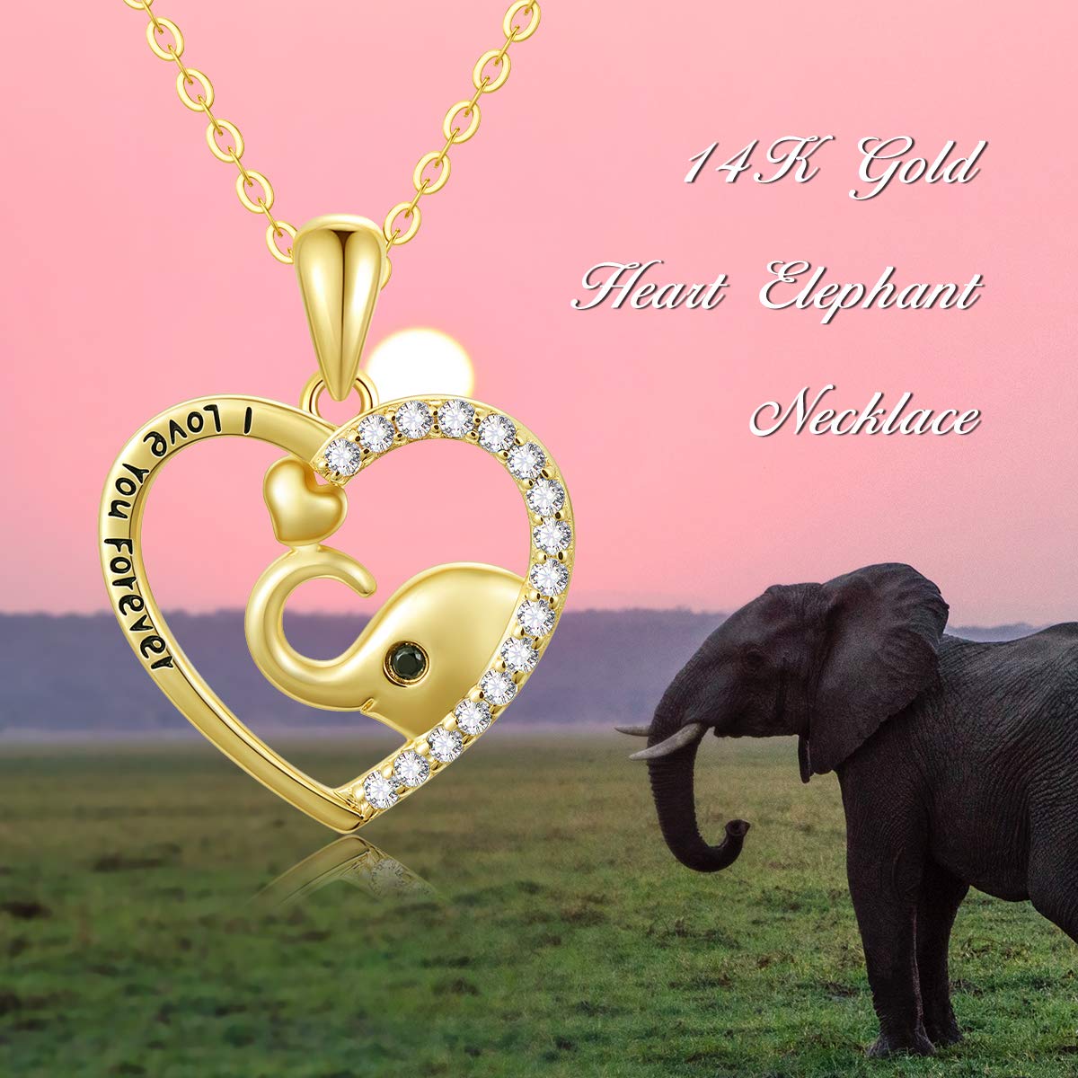 SISGEM 14K Yellow Gold Elephant Heart Necklace for Women,Real Gold Lucky Elephant Necklaces with 5A Cubic Zirconia,Love Jewelry Valentine's Day Gifts for Mother/Wife,16''+2''