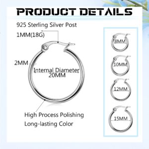 JOERICA 5 Pairs Small Hoop Earrings Set 925 Sterling Silver Post Clasp Hoop Earrings for Women Men 8mm, 10mm, 12mm, 15mm, 20mm