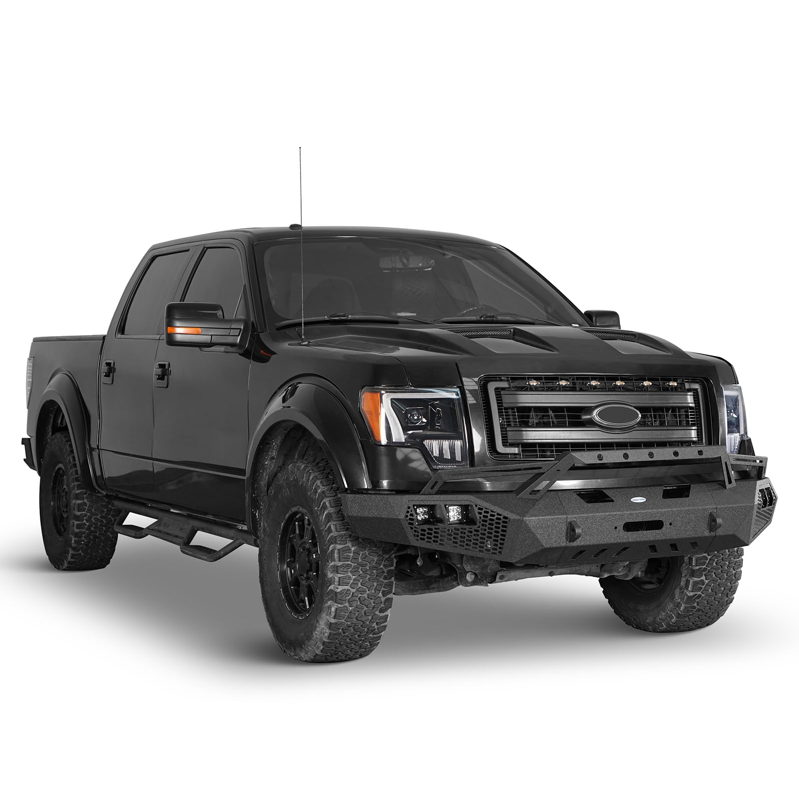 Hooke Road Earthshaker F150 Front Bumper w/Bull Bar & Winch Plate for Ford F-150 2009 2010 2011 2012 2013 2014 (Exclude Raptor), Full Width Steel Replacement Bumper