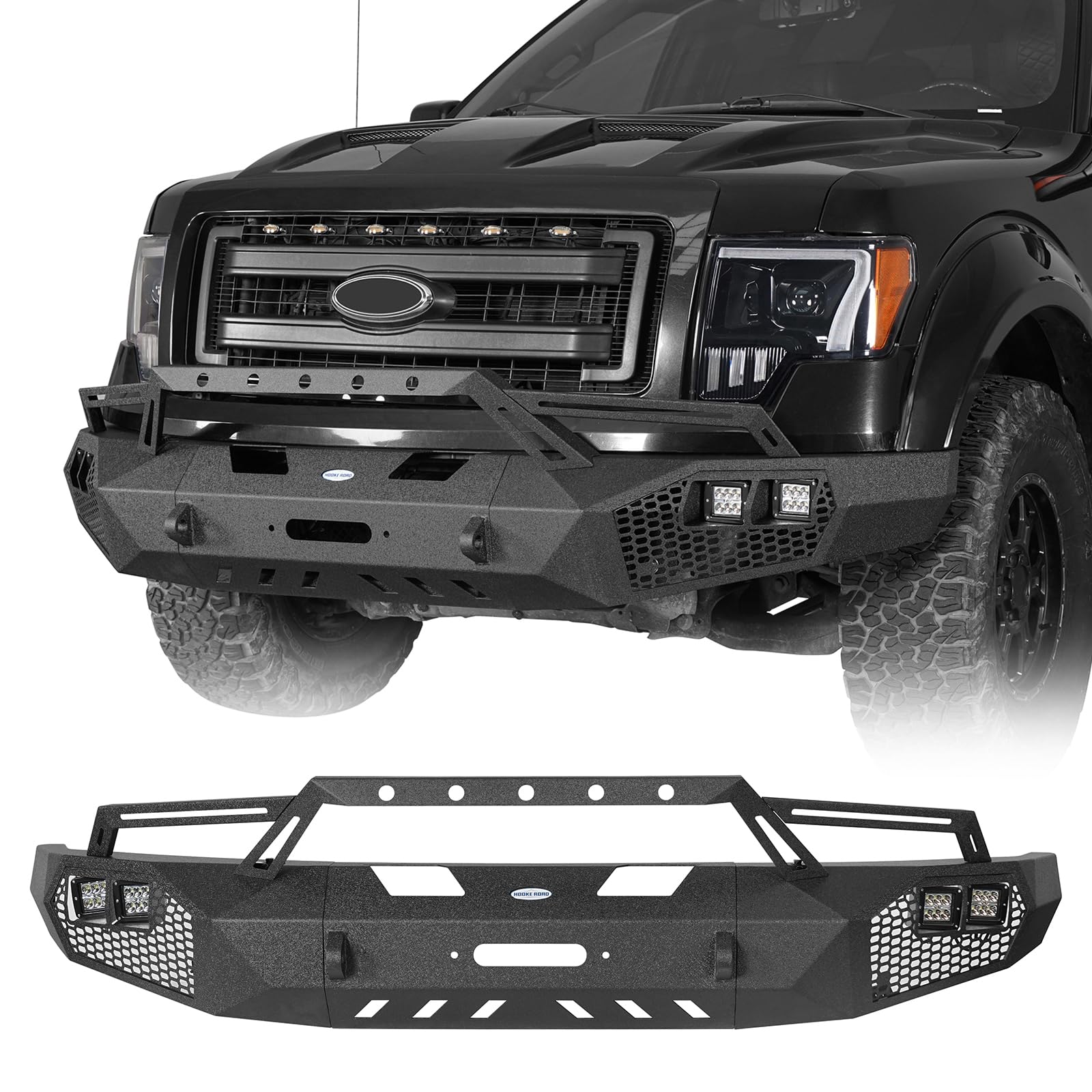 Hooke Road Earthshaker F150 Front Bumper w/Bull Bar & Winch Plate for Ford F-150 2009 2010 2011 2012 2013 2014 (Exclude Raptor), Full Width Steel Replacement Bumper