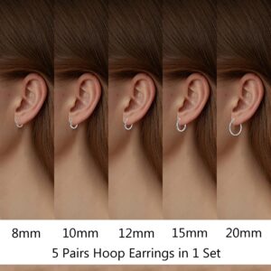 JOERICA 5 Pairs Small Hoop Earrings Set 925 Sterling Silver Post Clasp Hoop Earrings for Women Men 8mm, 10mm, 12mm, 15mm, 20mm