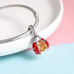 Ginger Lyne Collection Lucky Ladybug Charm for Bracelet or Necklace for Women European Bead Yellow CZ Red Enamel Over Sterling Silver