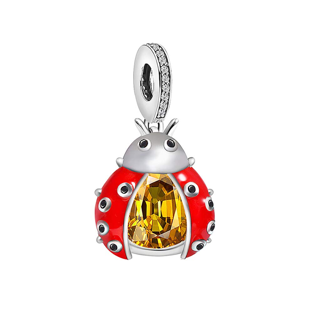 Ginger Lyne Collection Lucky Ladybug Charm for Bracelet or Necklace for Women European Bead Yellow CZ Red Enamel Over Sterling Silver