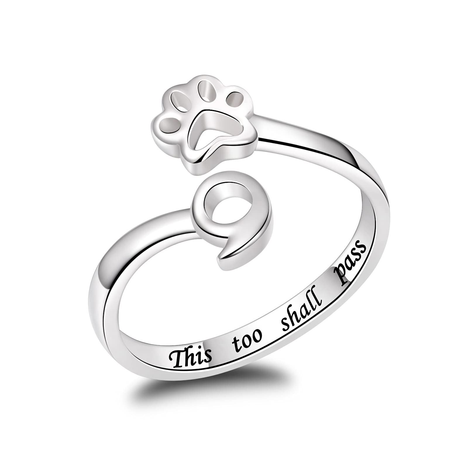 ZGBY Semicolon Ring S925 Sterling Silver Pet Lovers Paw Print Adjustable Ring Sweet Pet Animal Jewelry We are Family Love Dog Cat Claw Ring (Style A)