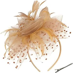 fghuim Women's Organza Church Kentucky Derby British Bridal Tea Party Wedding Hat Feather Hair Clip Gold Fascinators Hat (Gold)