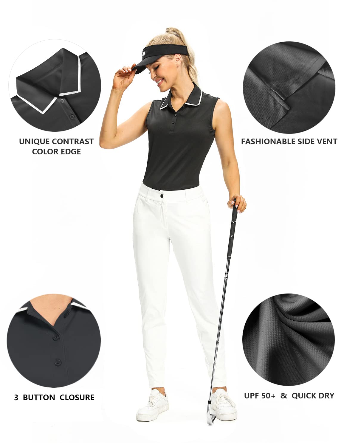 Hiverlay Polo Shirts for Women Sleeveless Golf Tank Tops Tennis Shirt Dry Fit UPF 50+ Lightweight Collared Ladies Tops Black XXL