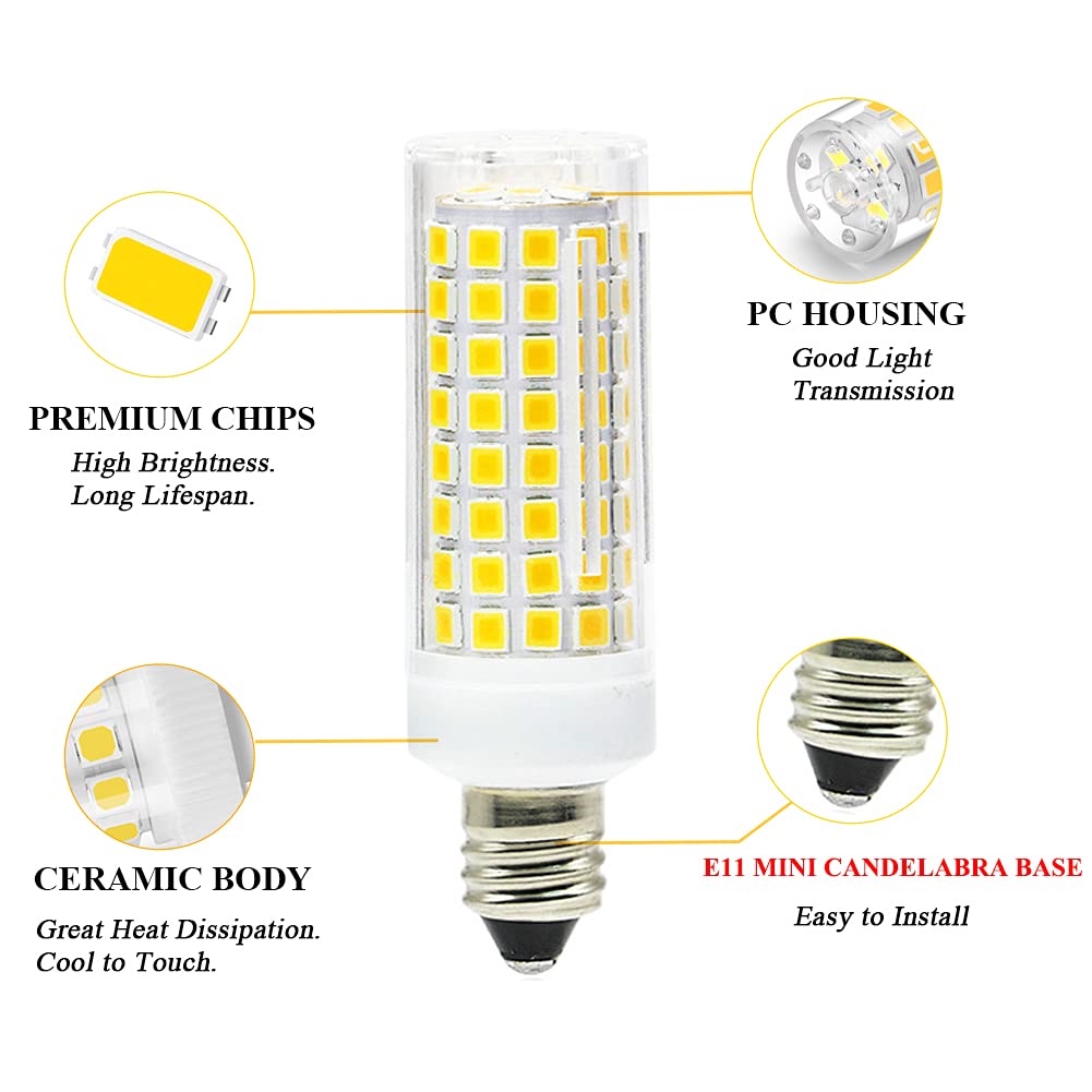 SumVibe E11 LED Bulb 6W, 50W 75W E11 Halogen Bulb Replacement, Daylight White 6000K, Not Dimmable JD T4 E11 Mini Candelabra Base LED, 4-Pack