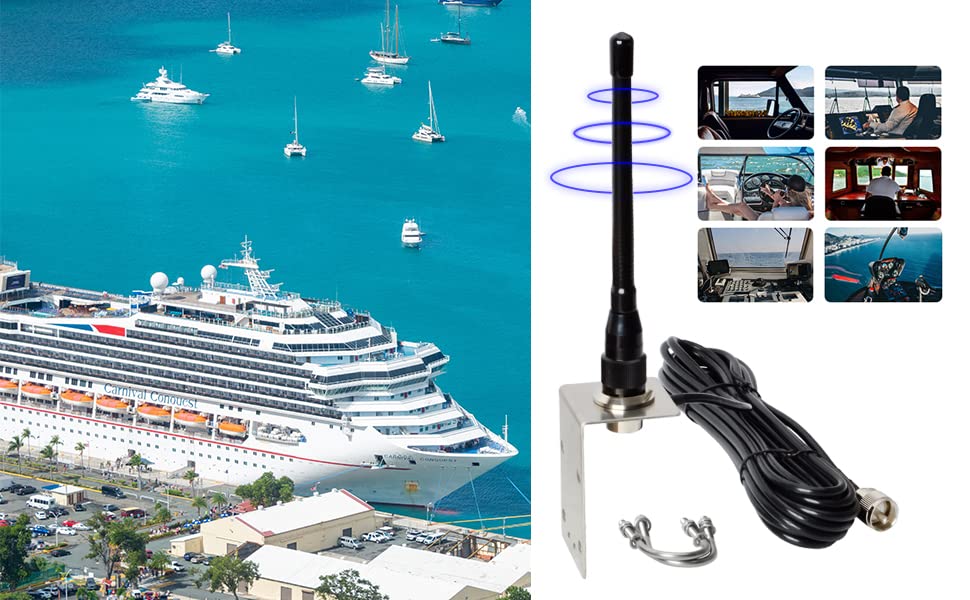 TWAYRDIO VHF Marine Antenna 156-163 MHz 50W 6.5in Stubby Antenna W/16.4ft SO239 to PL259 Connector RG58 Coaxial Cable and L-shape Mounting Bracket for Boat Pontoon Sailboat Yacht Marine Radios