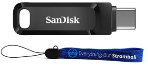 sandisk ultra dual drive go usb type a & type-c 128gb flash drive for smartphones, tablets, & computers - high speed usb 3.1 pen drive (sdddc3-128g-g46) bundle with 1 everything but stromboli lanyard