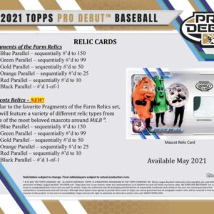 2021 Topps Pro Debut Baseball Hobby Box (4 Autos or Relic: 24 Packs/8 Cards)