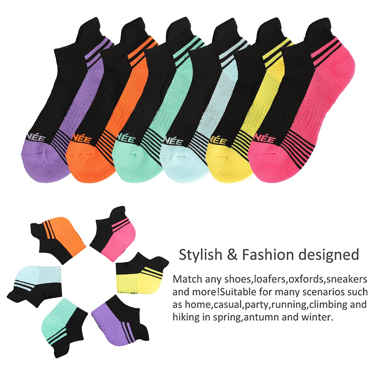 JOYNÉE Womens Low Cut Athletic Socks Heel Tab Colorful Cushioning Ankle Casual Socks 6 Pairs, Black, Size 9-11