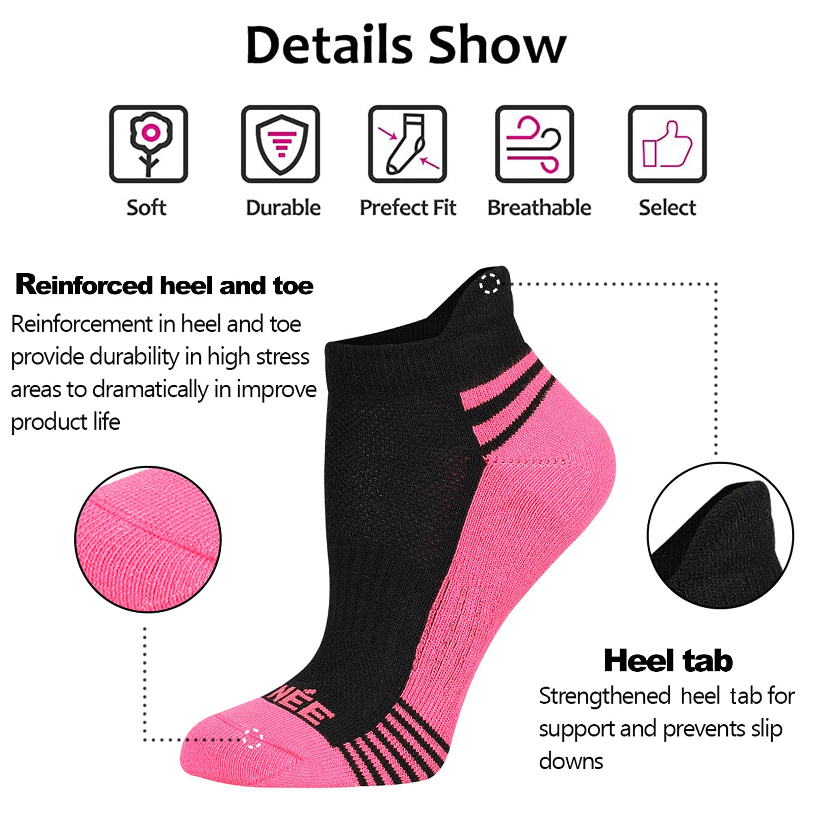 JOYNÉE Womens Low Cut Athletic Socks Heel Tab Colorful Cushioning Ankle Casual Socks 6 Pairs, Black, Size 9-11