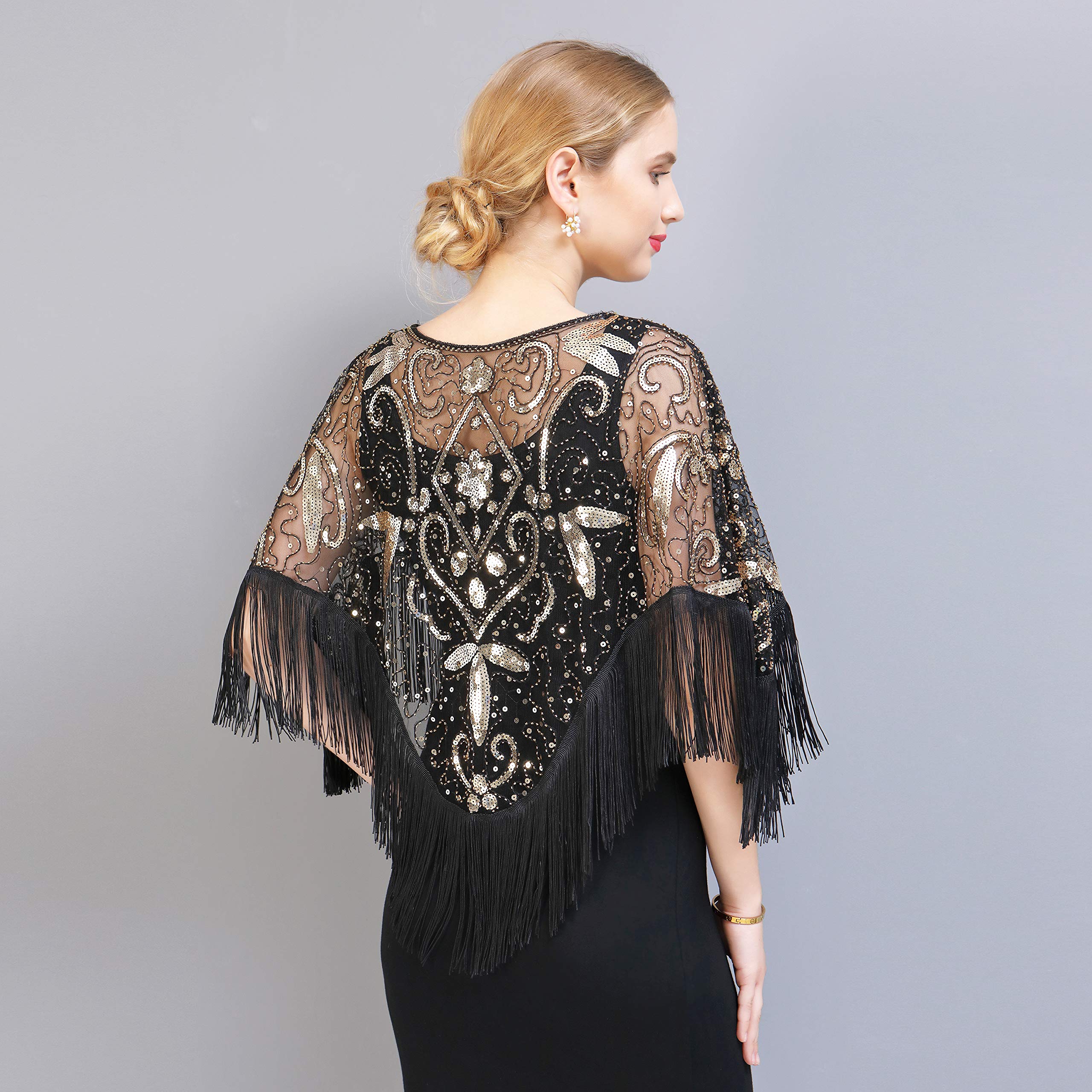 EORUBE 1920s Shawl Wraps Sequin Beaded Evening Cape for Gatsby Party Bridal Shawl Women Evening Cape Flapper Cover Up (Black Gold)