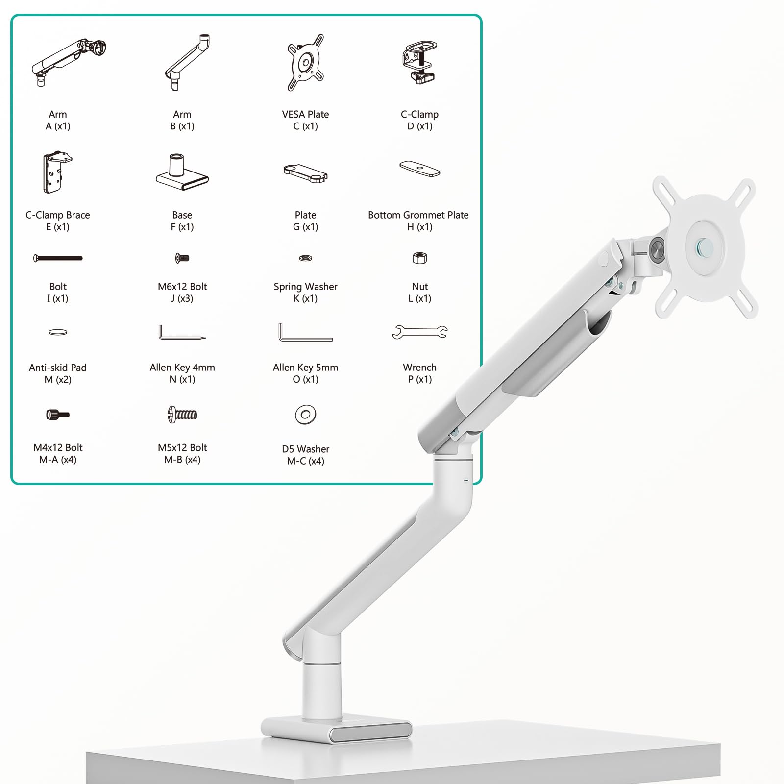 WALI Single White Monitor Mount Arm Stand, Fully Adjustable, Mechanical Spring Tension Indicator, Bracket with Clamp, Display Up to 32 inch, 22lbs Weight Capacity (MATI001-W), White