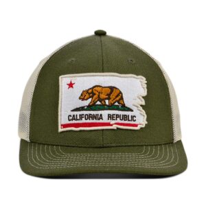 Local Crowns California Torn and Tattered Flag Curved Trucker Adjustable Olive Snapback Cap