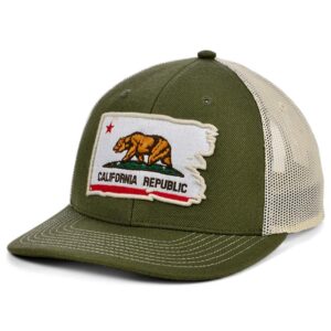 Local Crowns California Torn and Tattered Flag Curved Trucker Adjustable Olive Snapback Cap