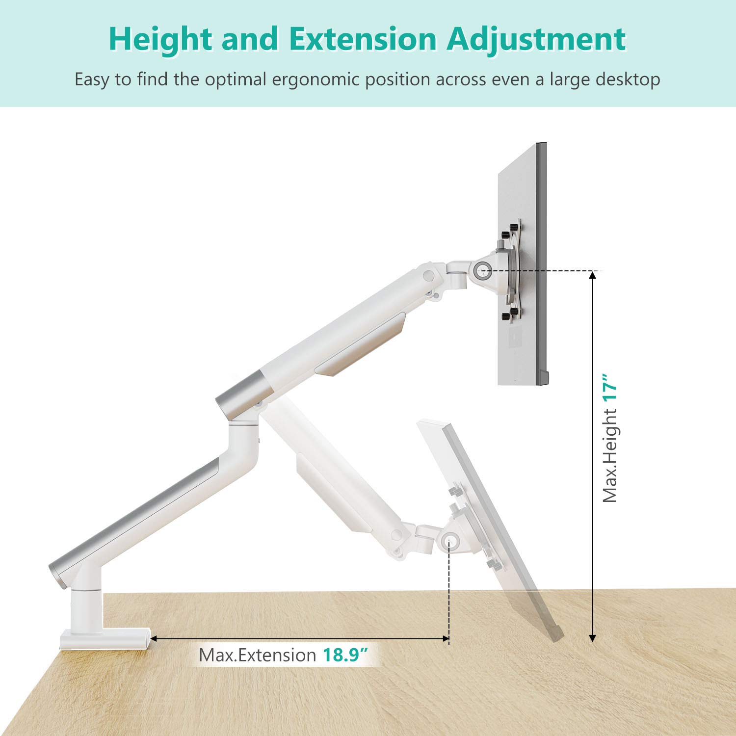 WALI Single White Monitor Mount Arm Stand, Fully Adjustable, Mechanical Spring Tension Indicator, Bracket with Clamp, Display Up to 32 inch, 22lbs Weight Capacity (MATI001-W), White