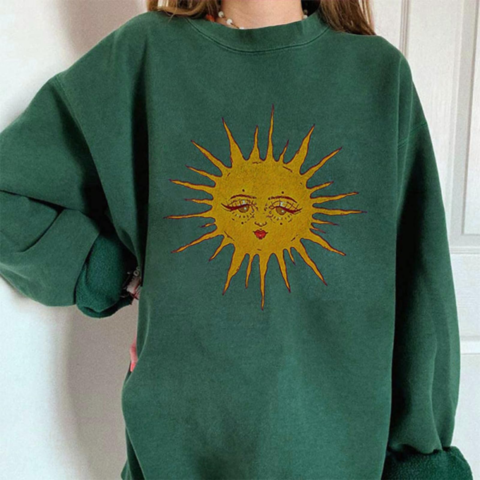 GAOJU Oversized Graphic Sweatshirt for Women Crewneck Long Sleeve Drop Shoulder Casual Pullover Sweatshirt Tops Green