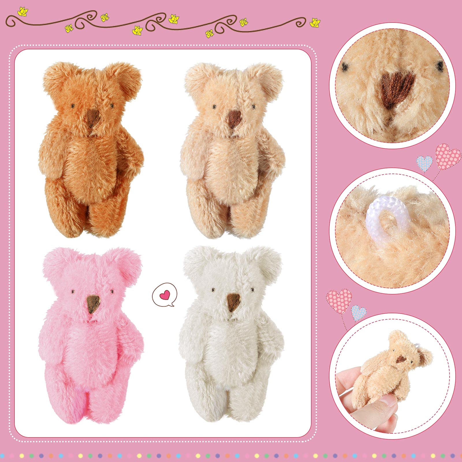 32 Pieces Mini Bear Plush Toy Tiny Bear Mini Joint Bear Tiny Soft Bear Doll Stuffed Animal Toys for Birthday Cake Wedding Decoration Party Favor, 4 Colors