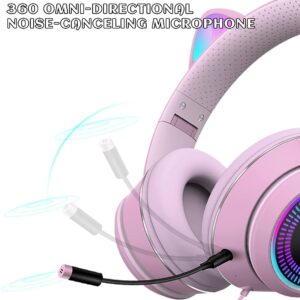 Zuri Sana Cat Ear Gaming Headphones Wired AUX 3.5mm with LED Light, Foldable Stereo Game Music Sound Over-Ear Headsets with Microphone Kids Adult Gift for PC, PS4, Switch, Cellphone, Pad, Laptop