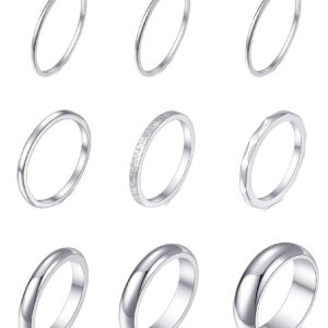 Tornito 9Pcs Stackable Eternity Ring Stainless Steel Band Knuckle Engagement Wedding Ring Size 7 for Women Silver Tone