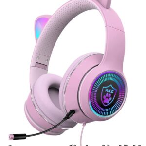 Zuri Sana Cat Ear Gaming Headphones Wired AUX 3.5mm with LED Light, Foldable Stereo Game Music Sound Over-Ear Headsets with Microphone Kids Adult Gift for PC, PS4, Switch, Cellphone, Pad, Laptop