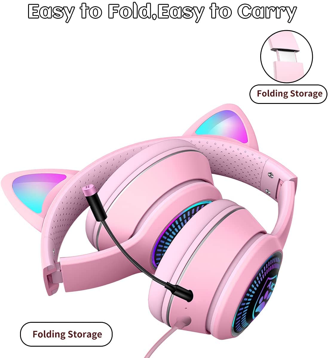 Zuri Sana Cat Ear Gaming Headphones Wired AUX 3.5mm with LED Light, Foldable Stereo Game Music Sound Over-Ear Headsets with Microphone Kids Adult Gift for PC, PS4, Switch, Cellphone, Pad, Laptop