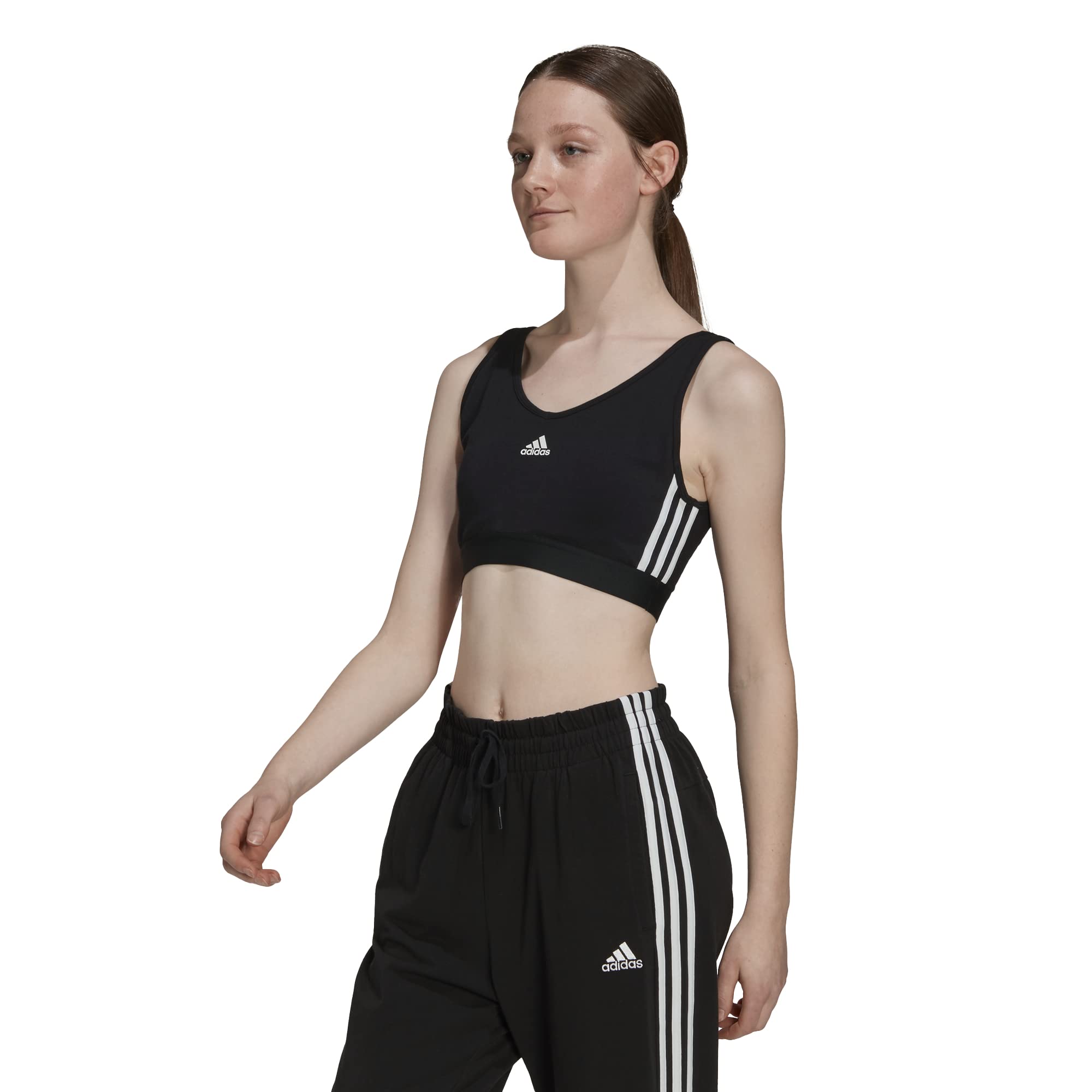 adidas Women's Essentials 3-Stripes Crop Top with Removable Pads, Black/White, Large