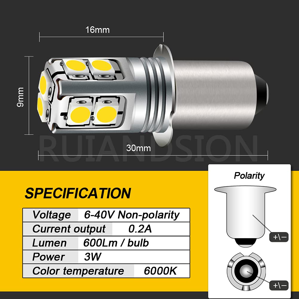 Ruiandsion Upgrade LED Flashlight Bulb 6-40 Volt P13.5S Base LED Bulb White 6V 9V 12V 18V 19.2V 24V Replacement for Flashlight Torch Lantern Work Lights,Non-Polarity