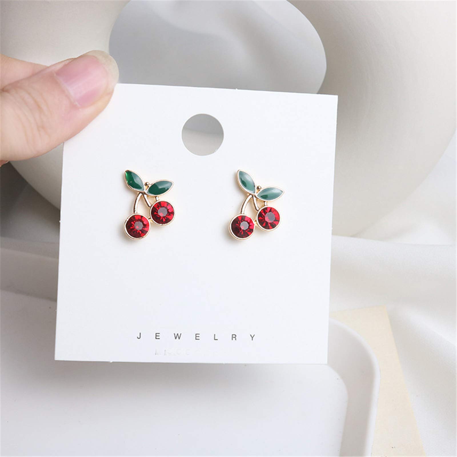 coadipress 18K Gold Plated Red Cherry Stud Earrings for Women Elegant Shining Green Emerald Leaf CZ Crystal Ruby Cherries Post Earring (Cherry)