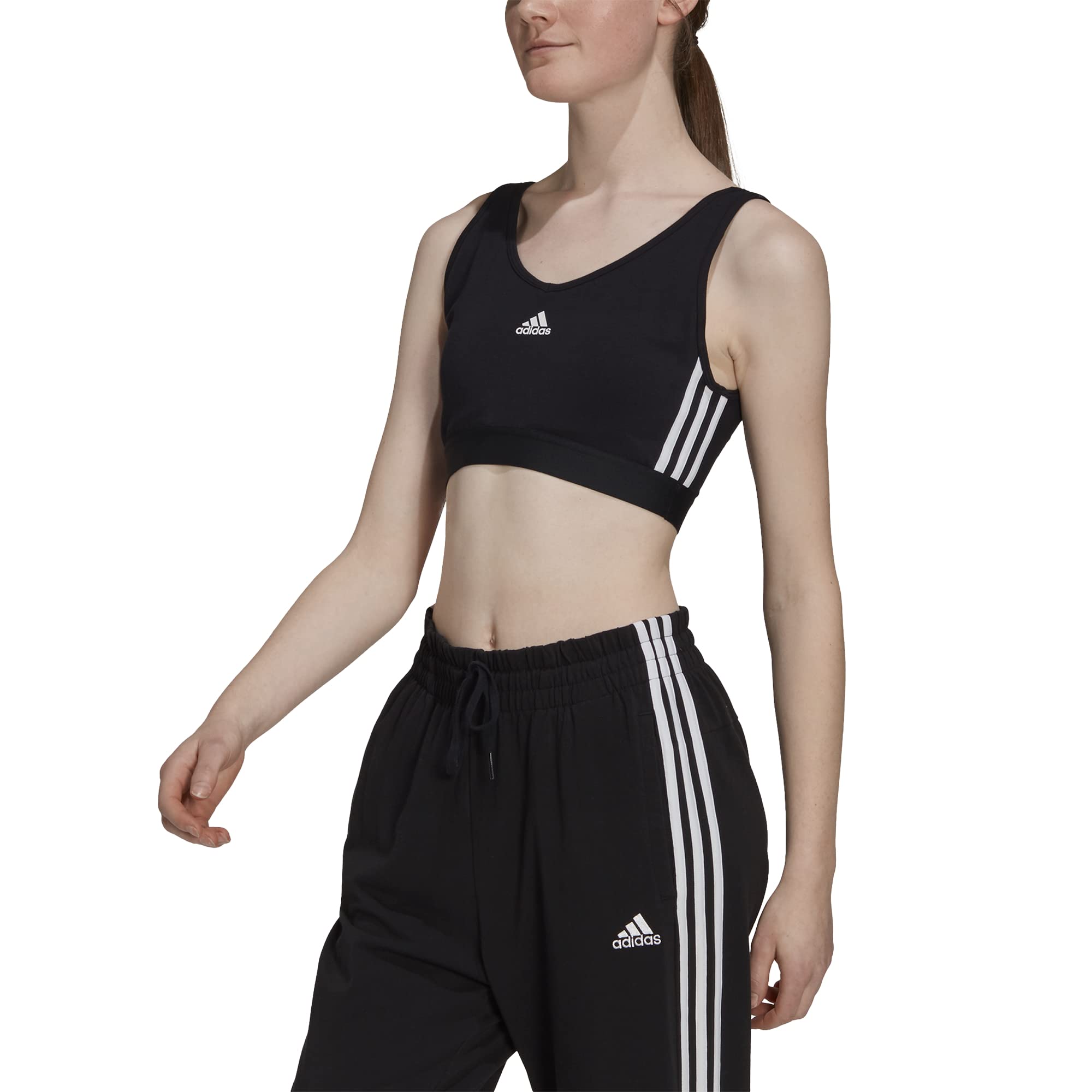 adidas Women's Essentials 3-Stripes Crop Top with Removable Pads, Black/White, Large