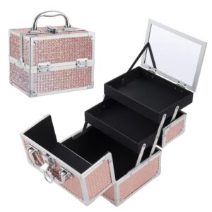 Costravio Portable Makeup Train Case Cosmetic Box 2 Trays Makeup Storage Organizer with Mirror Lockable for Nail Tech Jewelry Girls Travel Case - Rose Gold