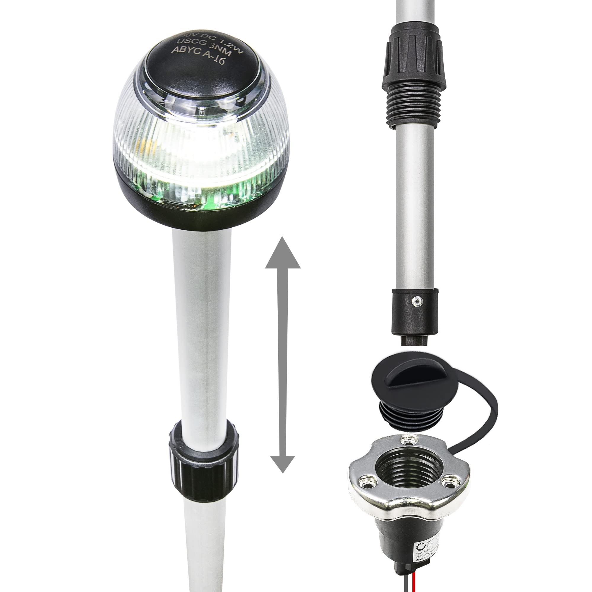 TRUE MODS 34"- 60" 12-24V Adjustable White LED Marine Navigation Anchor All-Round Boat Light [USCG ABYC A-16 3NM] [Telescoping Pole Base] [Waterproof] 3 Nautical Mile Back Rear Stern Tower Light