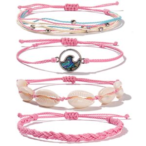 FANCY SHINY Wave String Bracelets Braid Puka Shell Bead Bracelets Handmade Cute Trendy Boho Jewelry Gifts for Women(Pink)