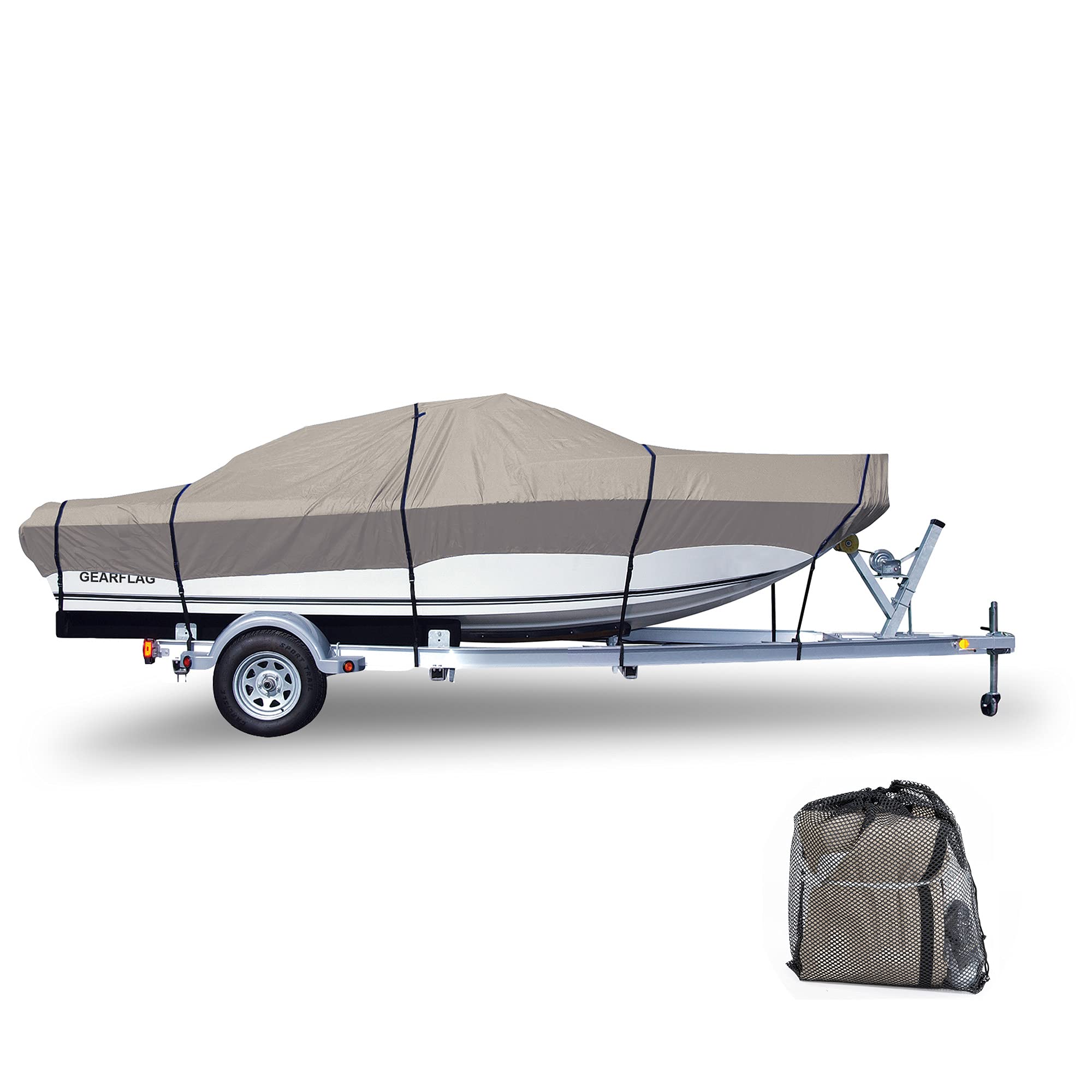 GEARFLAG Trailerable Boat Cover 600D Heavy Duty Waterproof Marine Grade UV Resistant fits V-hull Tri-hull Boat Reinforced windproof side straps (14'-16' Long, 600D, Beam Width to 90")