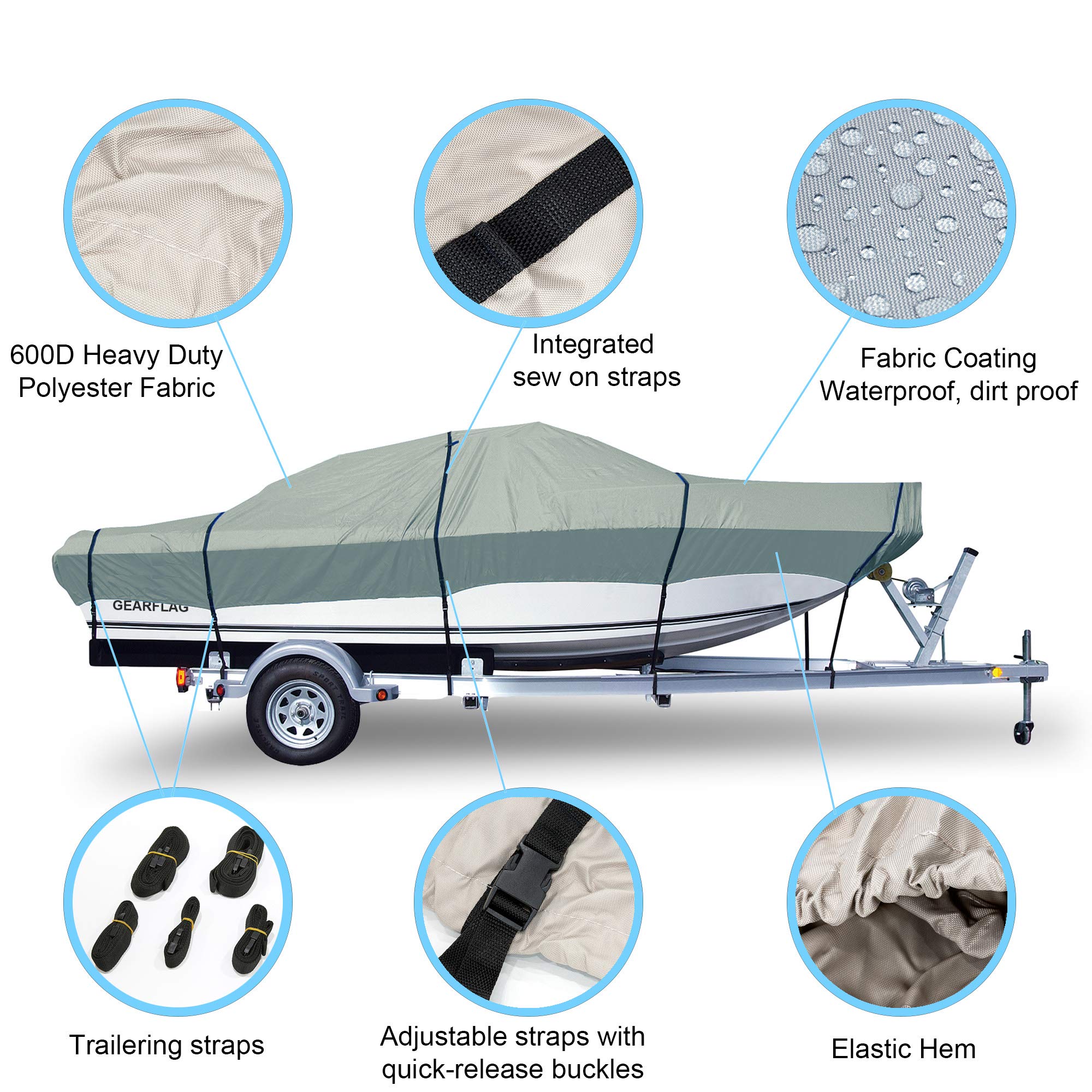 GEARFLAG Trailerable Boat Cover 600D Heavy Duty Waterproof Marine Grade UV Resistant fits V-hull Tri-hull Boat Reinforced windproof side straps (14'-16' Long, 600D, Beam Width to 90")