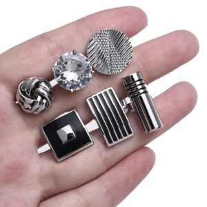 Ofeiyaa 6 Pairs Cufflinks Classic Striped Disc Square Spherical Knot CZ Rectangle Cylindrical Cufflinks Set for Men