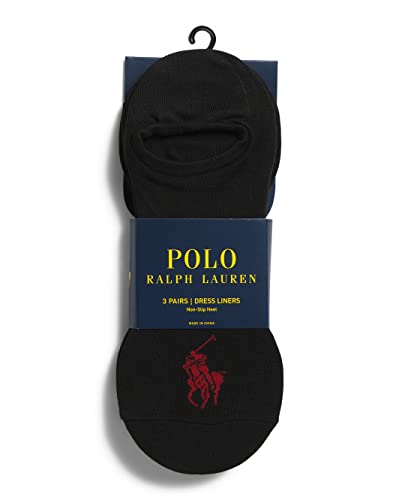 Polo Ralph Lauren Men's Socks Polyester/Spandex Blend 3 Pairs Dress Liners, Non-Slip Heel Black (6-12.5 M US)